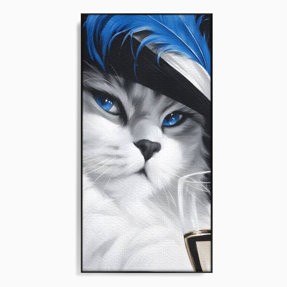 Tablou canvas cu tablou canvas cu pisica aristocrata si palarie, in rama de aluminiu negru